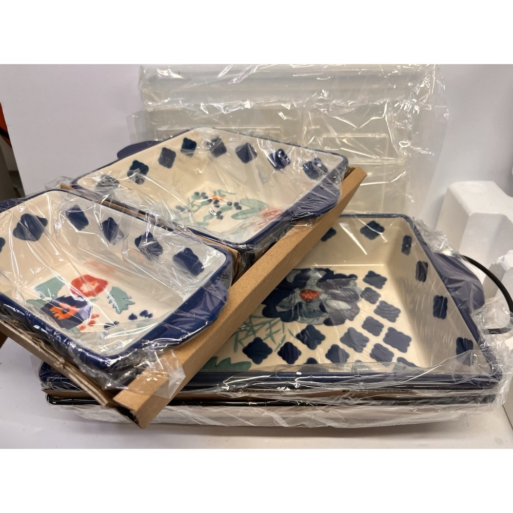 Cook's Essentials Medallion Floral 4 PC. Bake and Serve W/Covers NEW Blue QVC